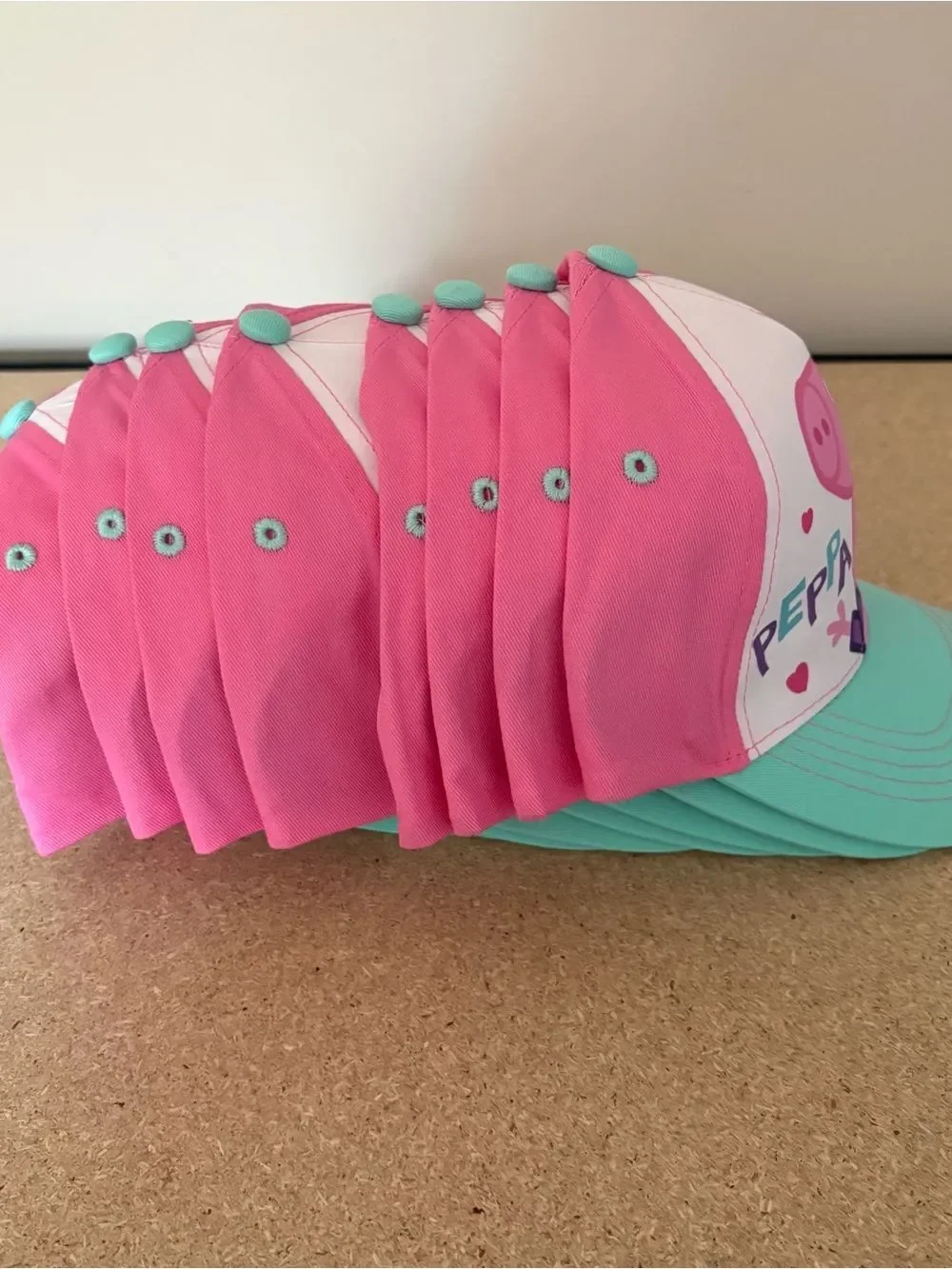 Lot of 8 - Peppa Pig Pink and Mint Kids Baseball Cap with Character Front